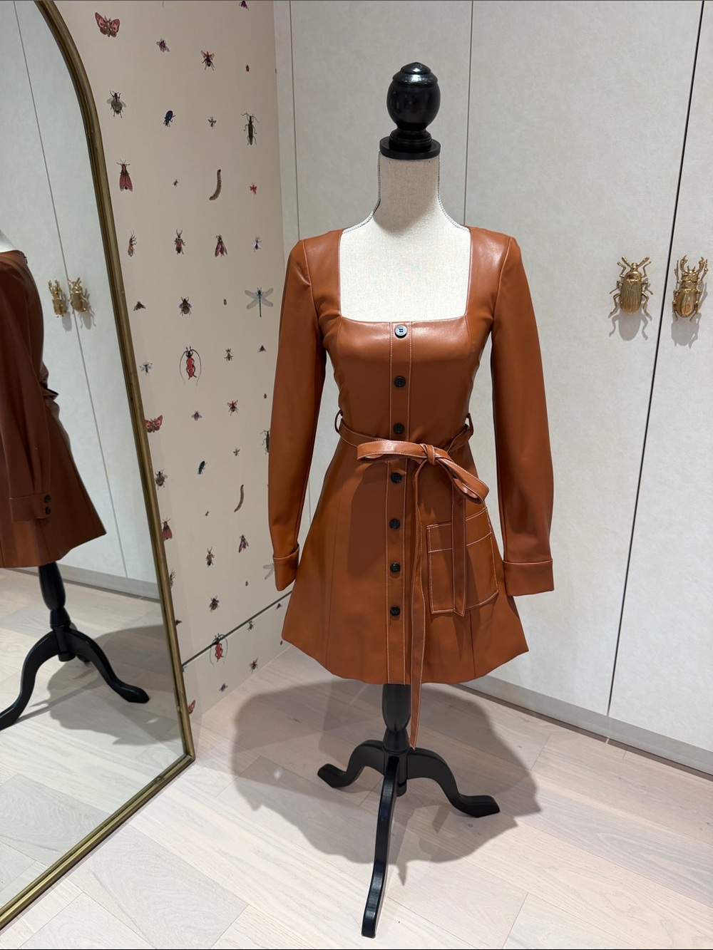 STAUD Cognac Brown Faux Leather Belted Mini Dress